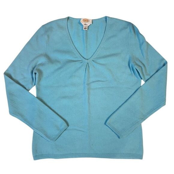 Talbots Pure Cashmere V-Neck Sweater in Aqua Blue Pleated Front Repaired L - Picture 1 of 9